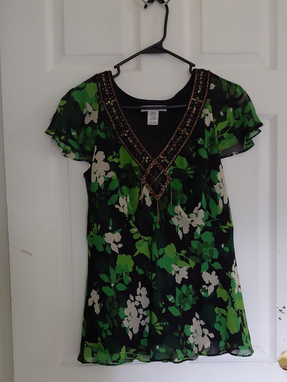 Nine West Black Floral Blouse with Green & White Print